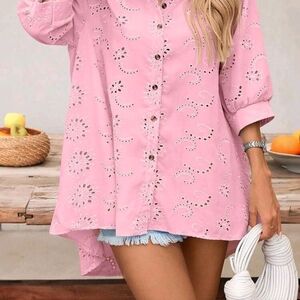 SHEIN Pink Eyelet Button-Down Shirt